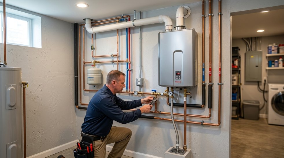Plumber servicing a wall-mounted tankless water heater in a basement utility room