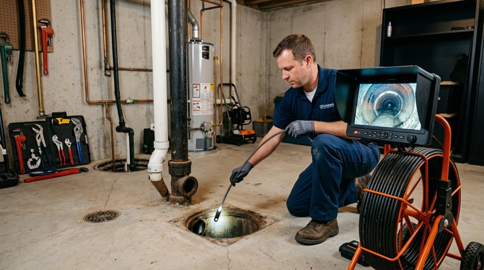 Plumber performing sewer line camera inspection through basement floor drain with monitor and cable reel equipment